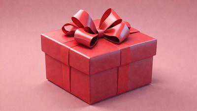 The primary subject of the image is a red box with a red bow on top. The box is placed on a pink surface, which adds a contrasting color to the scene. The visual style of the image is a close-up of the box, showcasing its details and the bow. The colors and mood of the image are predominantly red, creating a warm and festive atmosphere.